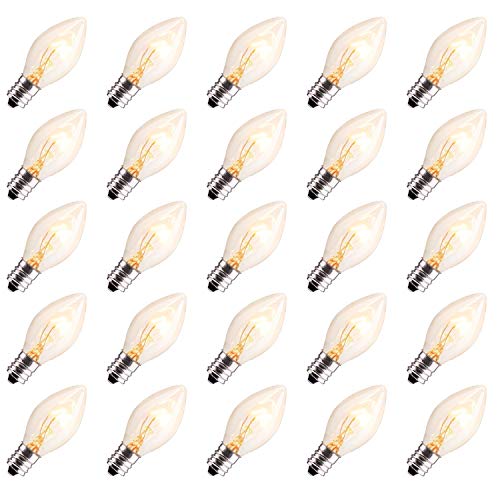 Product Cover Brightown 25 Pack C7 Christmas Replacement Light Bulbs, C7 Clear Incandescent Bulb for Christmas String Light, E12 Candelabra Base, 5 Watt, Clear