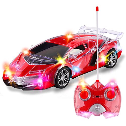 Product Cover Light Up RC Remote Control Racing Car - 1:20 Scale Radio Control Sports Car with Flashing LED Lights - Ideal Gift Toy for Kids (Red)