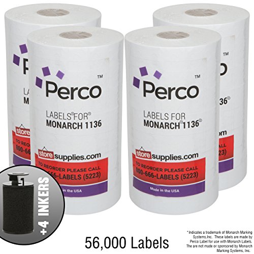 Product Cover White Pricing Labels for Monarch 1136 Price Gun - 4 Sleeves, 32 Rolls Value Pack - 56,000 Pricemarking Labels - with Bonus Ink Rolls Included