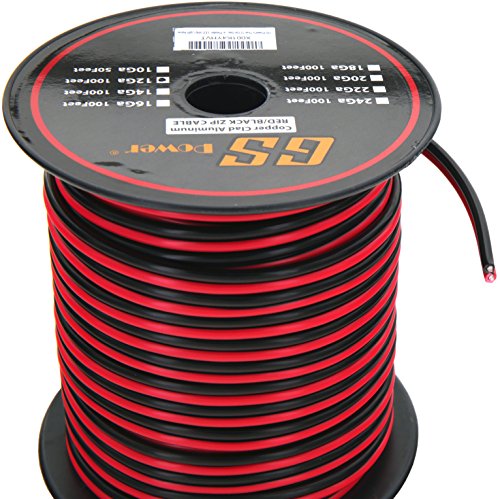 Product Cover GS Power 12 Ga Gauge 100 feet CCA Copper Clad Aluminum Red/Black 2 Conductor Bonded Zip Cord Speaker Cable for Car Audio, Home Theater, LED Light, Model Train, Amplifier, Trailer Harness Wiring