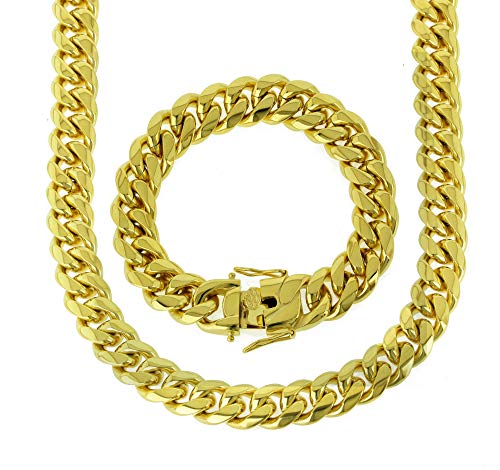 Product Cover Bling Bling NY Solid 14k Yellow Gold Finish Stainless Steel 16mm Thick Miami Cuban Link Chain Box Clasp Lock