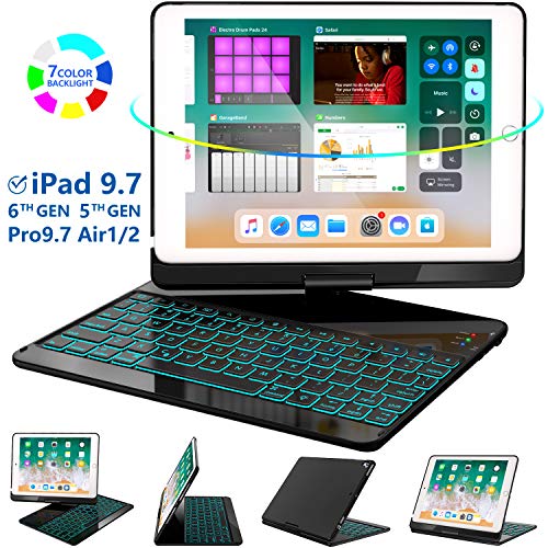 Product Cover iPad Keyboard Case 9.7 for iPad 2018 (6th Gen) - 2017(5th Gen) - iPad Pro 9.7 - Air 2 & 1, 360 Rotate 7 Color Backlit Wireless/BT iPad Case with Keyboard, Auto Sleep Wake, 9.7 inch, Black
