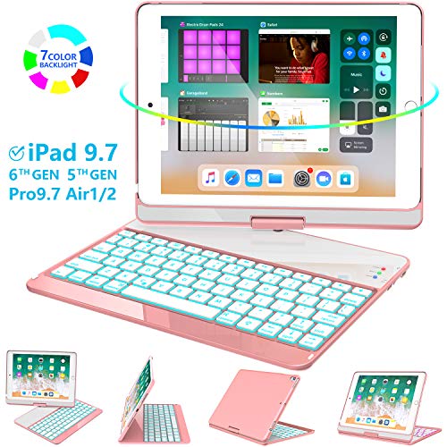 Product Cover Greenlaw iPad 9.7 Keyboard Case Compatible iPad 2018(6th Gen)/2017(5th Gen)/iPad Pro 9.7/Air 2/Air, 360 Rotate 7 Color Backlit Wireless BT Keyboard Case Cover with Auto Wake/Sleep-rose gold