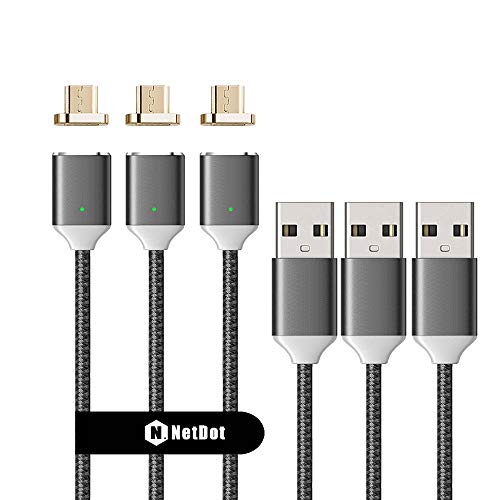 Product Cover NetDot 3 Pack Upgraded 1m/3.3ft Nylon Bradied USB Fast Charging Magnetic Micro USB Cable with LED Indicator Compatible with Android Device (3.3FT / 3 Pack Gray)