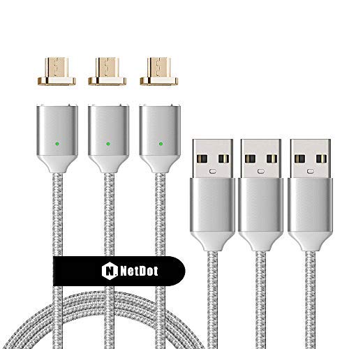 Product Cover netdot 3 Pack 2nd Generation 5ft usb2.0 Fast Charging Magnetic Micro USB Cable with led Indicator Compatible with Android Device (5 feet/3 Silver)
