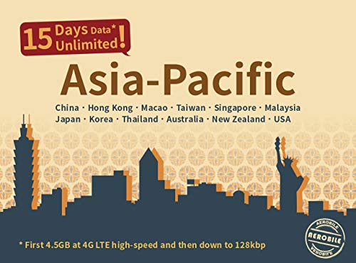 Product Cover Asia Pacific 15 Days Unlimited Prepaid Data SIM Card, Japan, China, Hong Kong, US, Australia, New Zealand, Macao, Taiwan, Singapore, Malaysia, Korea, Thailand