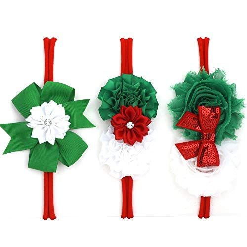 Product Cover LoveMyAngel Baby Girl Nylon Christmas Headbands / Green Red White Sequin Bowknot - Pack of 3 (Satin flower set)