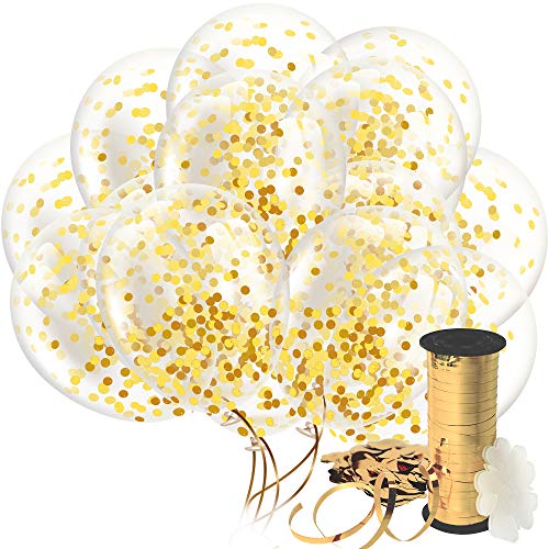 Product Cover Decopom Gold Confetti Balloons Curling Ribbon - Roll & Flower Clips 32 Pack | Premium 12 Inch Latex Party Balloons - Filled Round Golden Mylar Foil Dot Confetti Birthday, Wedding, Proposal