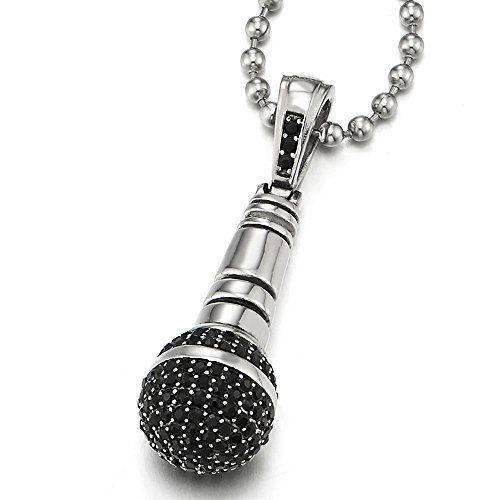 Product Cover COOLSTEELANDBEYOND Mens Women Steel Microphone Pendant Necklace with Black Cubic Zirconia, 23.6 inches Ball Chain