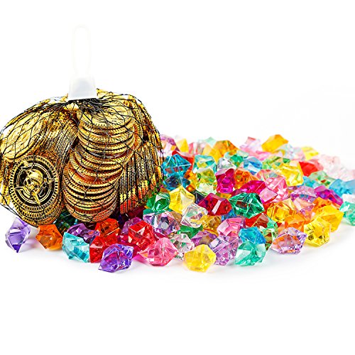 Product Cover Oiuros 300 Pieces Pirate Gold Coins and Pirate Gems Jewelry Pack Party Favor Halloween Decoration. (150 Coins+150 Gems)