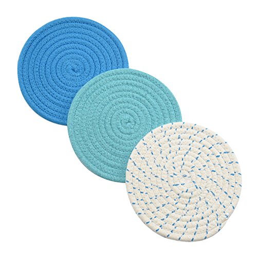 Product Cover Kitchen Pot Holders Set Trivets Set 100% Pure Cotton Thread Weave Hot Pot Holders Set (Set of 3) Stylish Coasters, Hot Pads, Hot Mats, Spoon Rest For Cooking and Baking by Diameter 7 Inches (Blue)