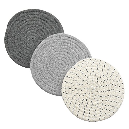 Product Cover Potholders Set Trivets Set 100% Pure Cotton Thread Weave Hot Pot Holders Set (Set of 3) Stylish Coasters, Hot Pads, Hot Mats,Spoon Rest For Cooking and Baking by Diameter 7 Inches (Gray)