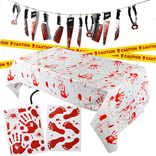 Product Cover Spooktacular Creations Halloween Party Decoration Set, Including Bloody Tablecover, Weapon Garland, Bloody Clings and Caution Tapes, 5 Piece