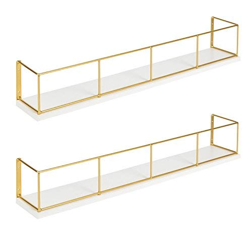 Product Cover Kate and Laurel Benbrook 2 Pack Wood and Metal Floating Wall Shelves, 24 Inch, White and Gold