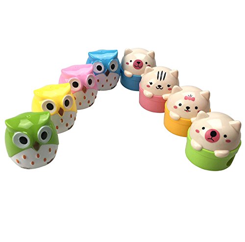Product Cover 8pcs Lovely Cute Cartoon Animal Pussy Cat Owl Pencil Sharpeners with Double Sharpener Holds for Kids CSPRING