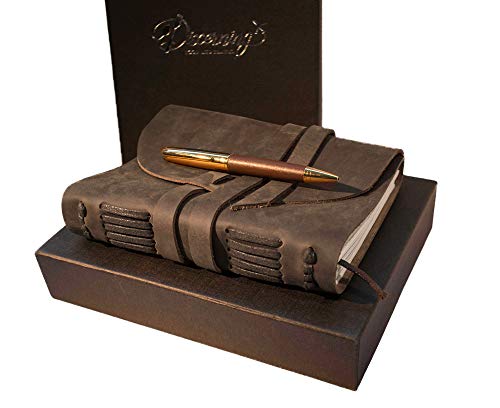 Product Cover BEST LEATHER JOURNAL GIFT SET - for women men - UNIQUE SOFT ROLL UP vintage LUXURY medium UNLINED 7 x 5 notebook, antique PEN & BOX - FOR TRAVEL WRITING DIARY/ART SKETCHBOOK him her