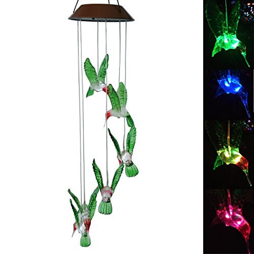 Product Cover Topspeeder Color-Changing LED Solar Mobile Wind Chime LED Changing Light Color Waterproof Six Hummingbird Wind Chimes for Home Party Night Garden Decoration