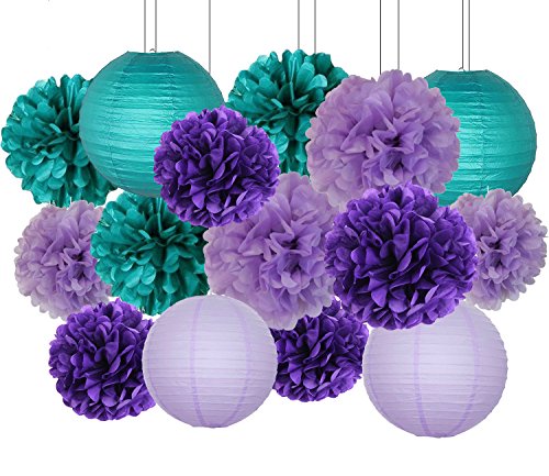 Product Cover Furuix Mermaid Party Decorations /Under The Sea Party 16pcs Teal Lavender Purple 10inch 8inch Tissue Paper Pom Pom Paper Lanterns for Birthday Decor Baby Shower Decorations Frozen Party Supplies