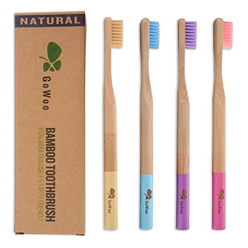 Product Cover GoWoo 100% Natural Bamboo Toothbrush Soft - Organic Eco Friendly Toothbrushes With Soft Nylon Bristles, BPA-Free, Biodegradable, Dental Care Set for Men and Women, Pack Of 4, Rainbow Color