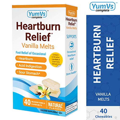 Product Cover YUM-V's Complete Heartburn Relief, Antacid w/ Calcium Supplement (40 Ct), Chewable Vanilla Melts for Men and Women; Low Sugar, Vegan, Kosher, Halal, Gluten Free