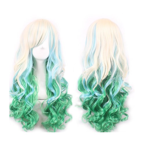 Product Cover WeeH Costume Women Wigs Long Hair Cosplay Wig Spiral Curly Wavy Wigs for Wedding Party, Blue Green Gold