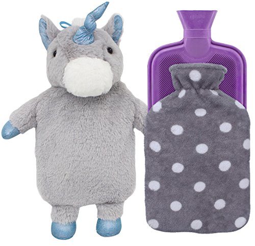 Product Cover HomeTop Premium Classic Rubber Hot Water Bottle with Cute Unicorn Cover and Soft Fleece Cover (Gray Unicorn + Gray Polka Dot/Purple)