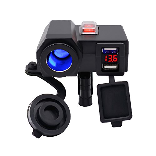 Product Cover BlueFire 5V/2.1A Dual USB Charger Socket Waterproof Motorcycle Handlebar Clamp Power Adapter Charger USB Charging System with Cigarette Lighter Socket and Voltmeter for Phones/Tablets/GPS