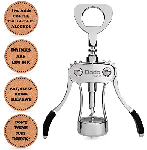 Product Cover Stainless Steel Wine and Beer Bottle Opener + 4 Drink Coasters by Dodo Kitchen Wing Corkscrew, Multifunctional gIft set