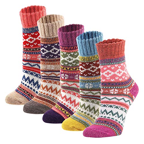Product Cover YZKKE 5Pack Womens Vintage Winter Soft Warm Thick Cold Knit Wool Crew Socks, Multicolor, free size