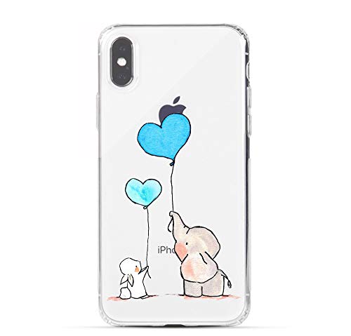 Product Cover iPhone X Case, HUIYCUU Cute Animal Design Slim Fit Soft TPU Silicone Cover with Funny Pattern Thin Clear Protective Skin Gift Unique Novelty Bumper Back Case for iPhone X XS,Bunny Elephant Love Ball