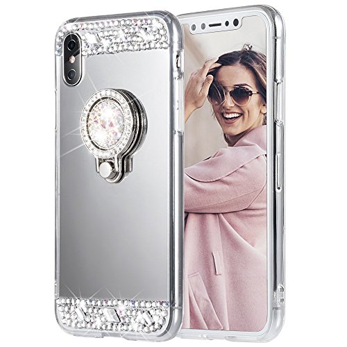 Product Cover iPhone X Case, Caka iPhone Xs Glitter Case Rhinestone Series Luxury Cute Shiny Bling Mirror Makeup Case for Girls with Ring Kickstand Diamond Crystal Protective TPU Case for iPhone X XS (Silver)