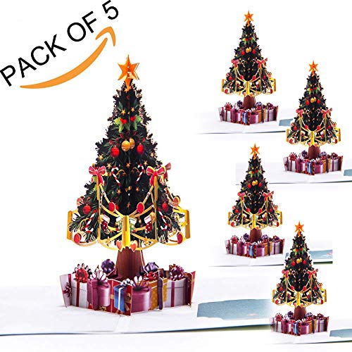 Product Cover Paper Spiritz Pack of 5 Pop up Christmas Tree Card - 3D Cards Pop up Birthday all Occasion - Thank You Greeting Card for Kids Baby 5 Set