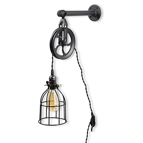 Product Cover Rustic State Vintage Chic Unique Industrial Pipe and Pulley Design Wall Pendant Lamp with Fabric Cord LED Edison Light Bulb Included in Black