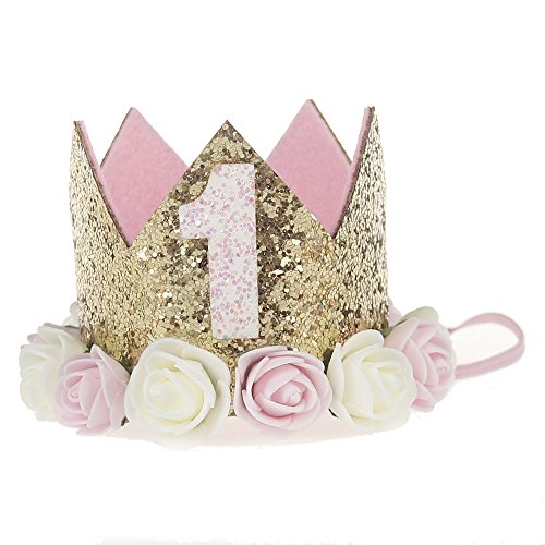 Product Cover Baby Princess Tiara Crown, Baby Girls/Kids First Birthday Hat Sparkle Gold Flower Style with Artificial Rose Flower (1st Golden Crown)