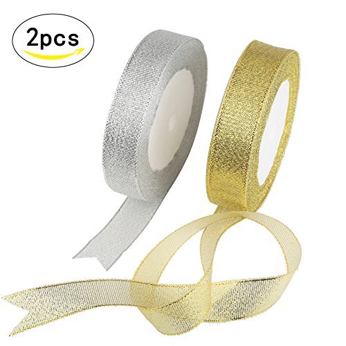 Product Cover Organza Ribbon,KAKOO 2 Pack 25 Yard 20mm Wide Glitter Trimmings Decorative Ribbons for Gift Wrapping (gold&silver)