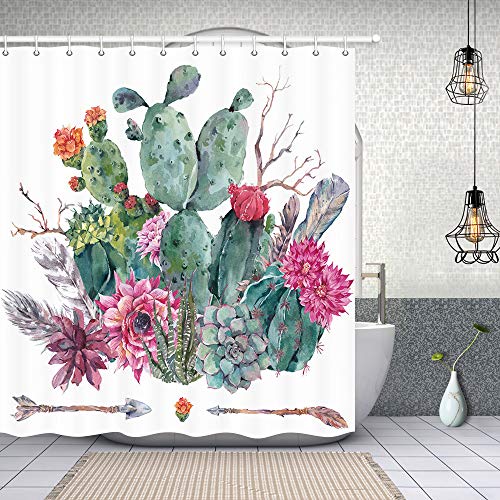 Product Cover NYMB Botanical Prickly Pear Cactus Shower Curtains for Bathroom, Exotic Watercolor Cactus Flower in Boho Style with Arrows, Polyester Fabric Waterproof Bath Curtain, Shower Curtain Hooks Included