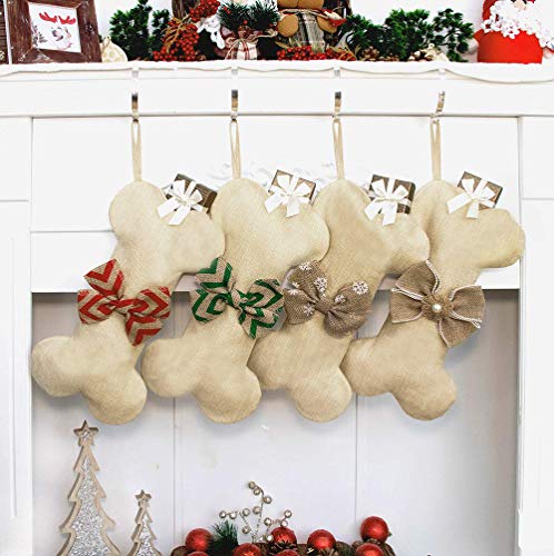 Product Cover NEW Linen Dog Bone Christmas Stockings for Pet Jute Natural Burlap Holidays-16 inches x 8 inches 1# Red Bowknot (1 pack)