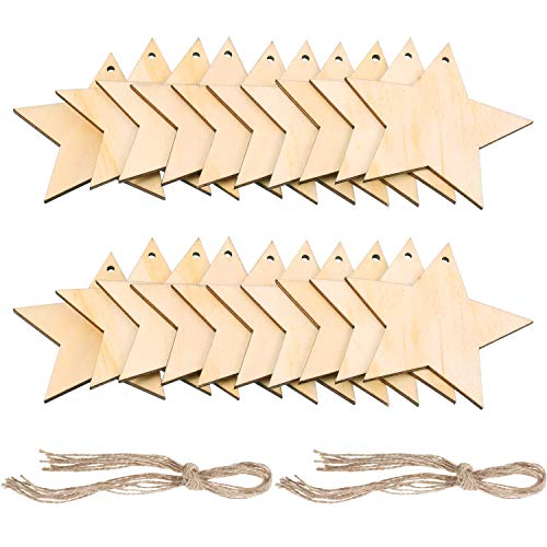 Product Cover Pangda 20 Packs Wooden Star Cutouts Hanging Ornaments with 20 Packs Strings for Wedding, DIY, Craft, Festival, Decoration, Embellishments