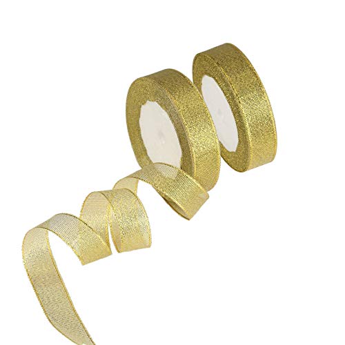 Product Cover Organza Ribbon,KAKOO 2 Pack 25 Yard 20mm Wide Glitter Trimmings Decorative Ribbons for Gift Wrapping (Gold)