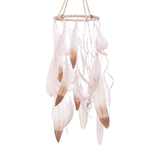 Product Cover Ling's moment Feather Dream Catcher Baby Mobile LED Fairy Lights Battery Powered Hanging Ornaments with Pink and Gold Dipped Glitter Feathers Bohemian Decor Boho Decor Chic Nursery Decor for Girls