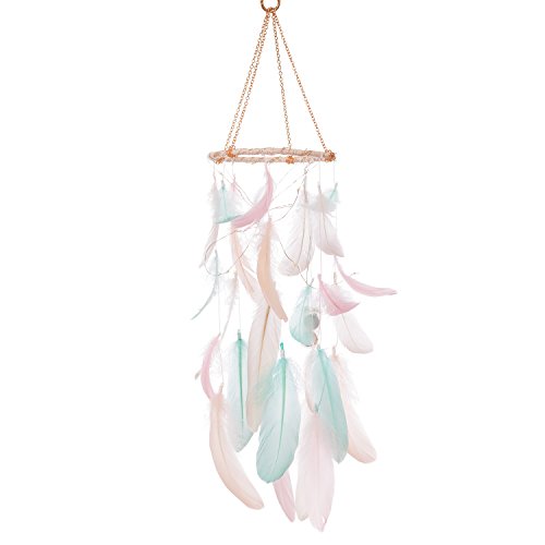 Product Cover Ling's moment Handmade Feather Dream Catchers for Kids Baby Crib Mobile LED Fairy Lights Macrame Wall Hanging Ornaments with Pink Blue Feathers Boho Decoration Baby Shower Boho Nursery Decor