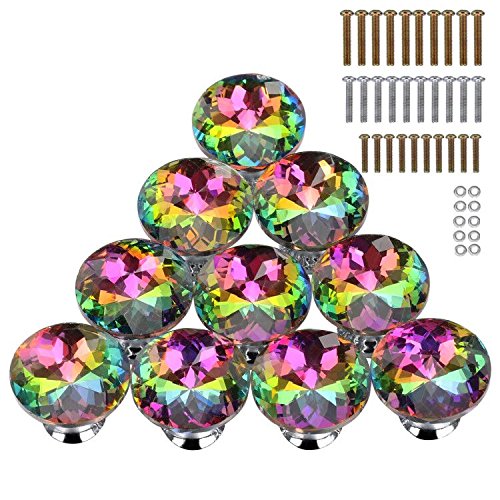 Product Cover HOMEIDEAS 10PCS 30MM Colorful Crystal Knobs Glass Cabinet Knobs Drawer Pulls Handle for Home, Cabinet, Drawer and Dresser, 3 Size Screws
