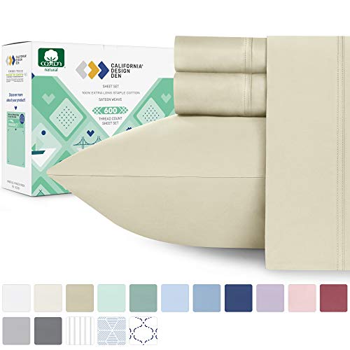 Product Cover California Design Den 600 Thread Count 100% Cotton Sheets - Ivory Extra Long-Staple Cotton Full Sheets, Fits Mattress 16'' Deep Pocket, Sateen Weave, Soft Cotton 4 Piece Bed Sheets Set