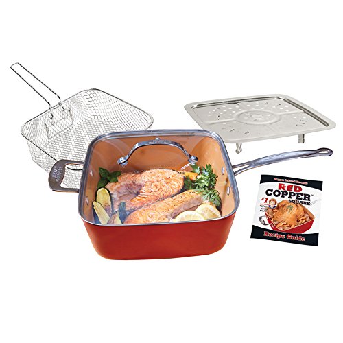 Product Cover Red Copper Double-Coated Square Pan 5 Piece Set by BulbHead, 10-Inch Pan, Glass Lid, Fry Basket, More