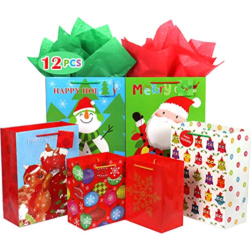 Product Cover Fzopo Christmas Gift Bags Bulk Set Includes 4 Extra Large 4 Large 4 Medium with Tags and Handles Christmas Print Gift Bags Assorted Sizes for Wrapping Holiday Gifts (Pack of 12)