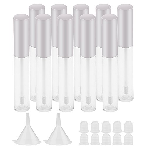 Product Cover GTHER 10PCS 10ML Empty Lip Gloss Containers Tube & Silver Lid & Brush Tip Applicator Wand & Funnel & Rubber Stoppers for DIY Lip Refillable Makeup, Silver