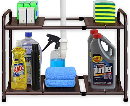 Product Cover Simple Houseware Under Sink 2 Tier Expandable Shelf Organizer Rack, Bronze (Expand from 15 to 25 inches)