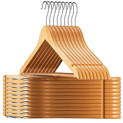 Product Cover High-Grade Wooden Suit Hangers 30 Pack with Non Slip Pants Bar - Smooth Finish Solid Wood Coat Hanger with 360° Swivel Hook and Precisely Cut Notches for Camisole, Jacket, Pant, Dress Clothes Hangers