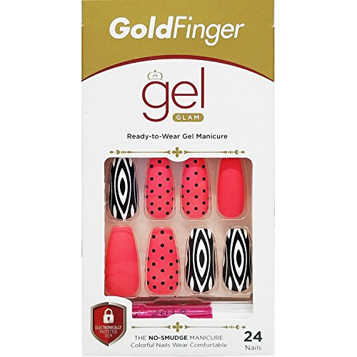 Product Cover Kiss Gold Finger Gel Glam 24 Glue-On False Nails Polka Dots Matte Finish Ballerina Coffin Style