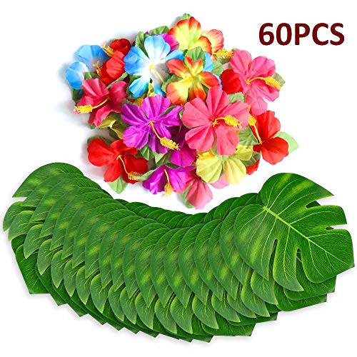 Product Cover 60Pcs Tropical Party Decorations Supplies Tropical Palm Leaves Hibiscus Flowers Simulation Artificial Leaf for Hawaiian Luau Safari Party Jungle Beach Theme BBQ Birthday Party Decorations Table Decor